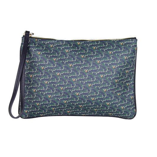 Pochette Eden cuir et toile enduite Bestiaire Mirage Lièvres pétrole - forêt noire